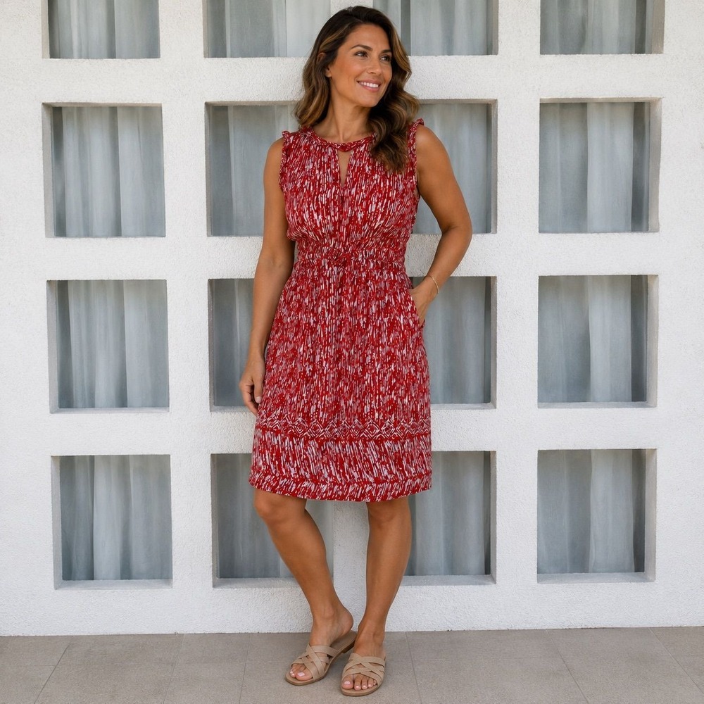 Max Studio Womens Red White Abstract Print Smocked Waist Keyhole Dress